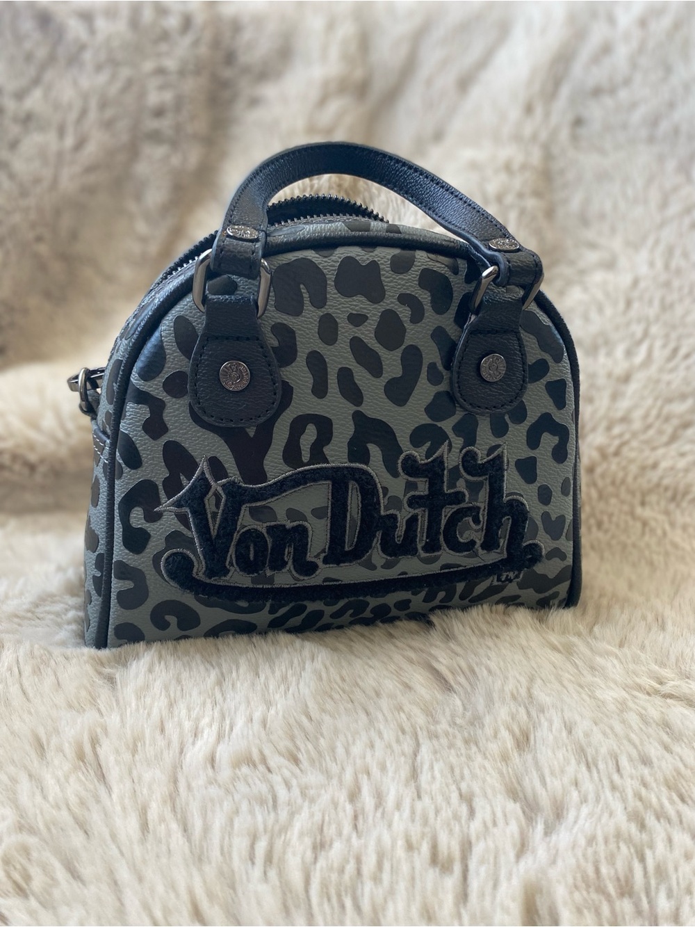 Von Dutch Gray and Black Leopard Mini Dome Bag